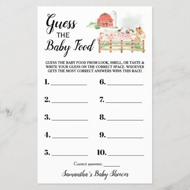 Guess the Baby Food Farm Baby Shower Game Card (Front)