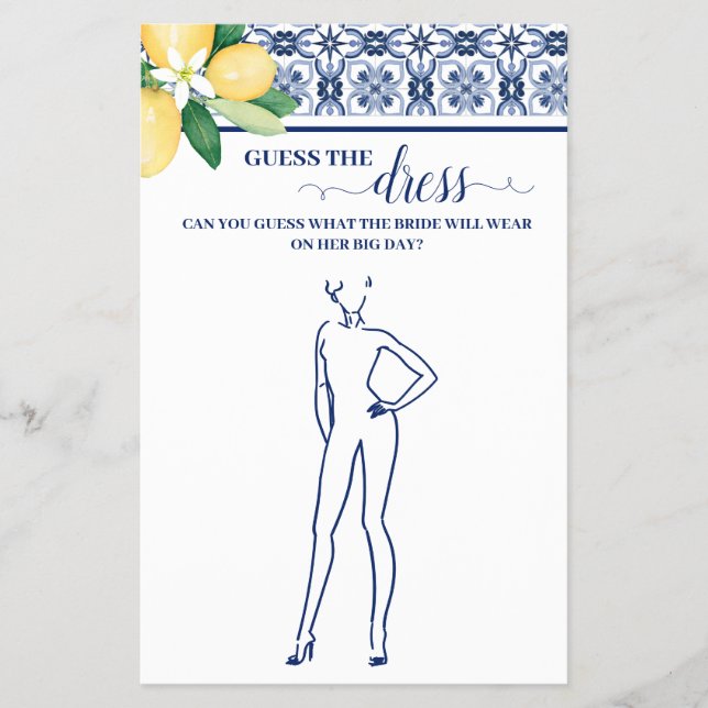 Guess the Bride Dress Mediterranean Shower Game Flyer (Front)