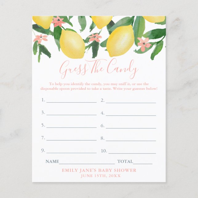 Guess The Candy Lemons Girl Baby Shower Game Card (Front)