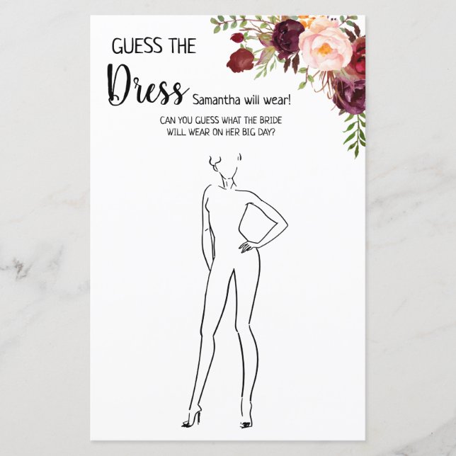 Guess the dress bridal shower english spanish game (Front)