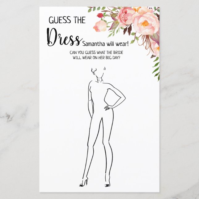 Guess the dress bridal shower english spanish game (Front)