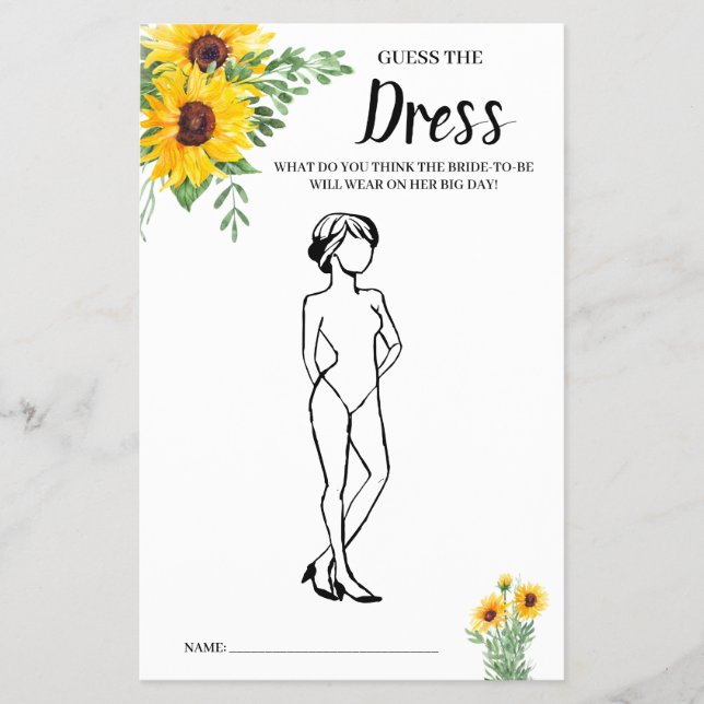 Guess the Dress Sunflowers Bridal Shower Game Card (Front)