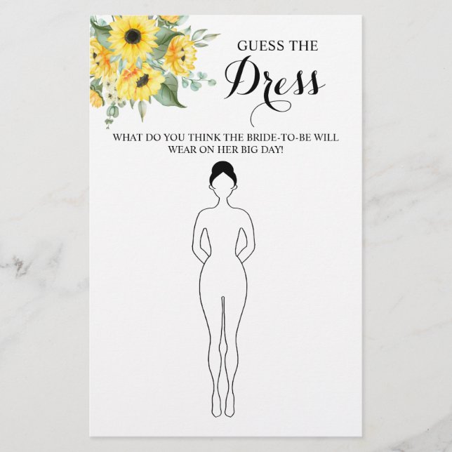 Guess the Dress Sunflowers Bridal Shower Game Card (Front)