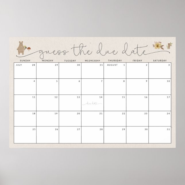 Guess the Due Date Boho Woodland Baby Shower  Poster (Front)