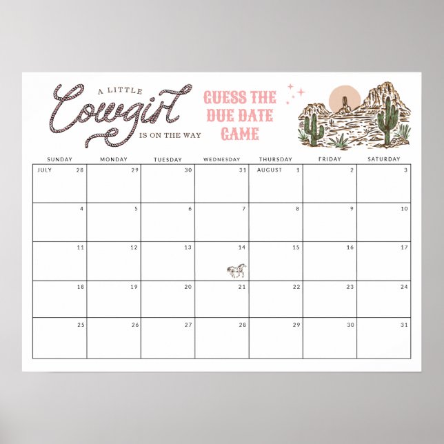Guess the Due Date Little Cowgirl Baby Shower Poster (Front)