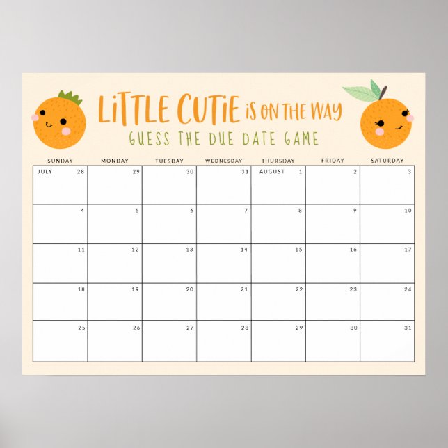 Guess the Due Date Orange Little Cutie Baby Shower Poster (Front)