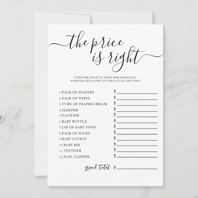 Guess the Price Baby Shower Game Card (Front)