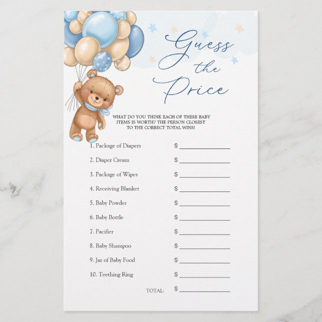 Guess the Price Bear Balloons Baby Shower Game (Front)