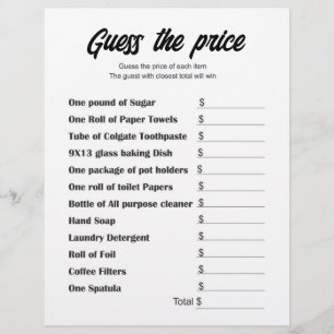 Guess the Price Bridal Shower Game Card