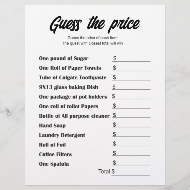 Guess the Price Bridal Shower Game Card (Front)