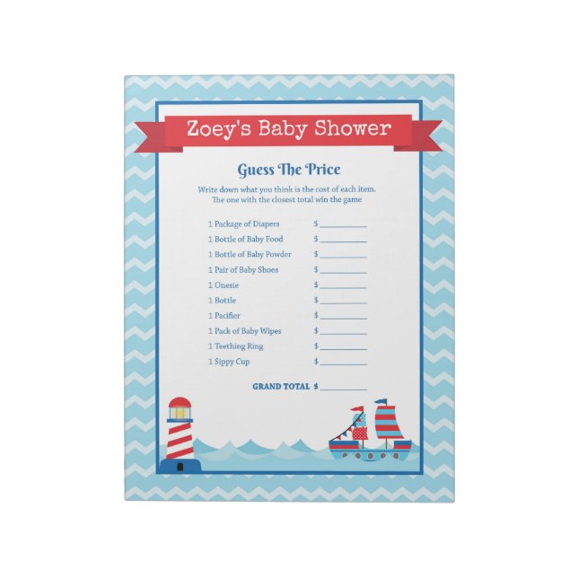 Guess The Price Nautical Theme Baby Shower Notepad (Rotated)