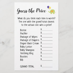 Guess the Price White w/ Cute Elephant Game Sheets Stationery