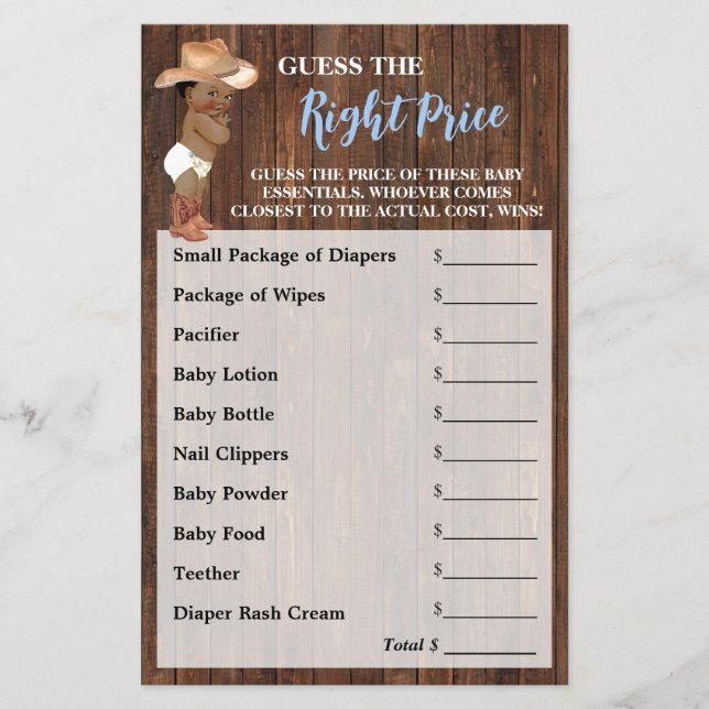 Guess the Right Price AA Cowboy Baby Shower Game Flyer (Front)