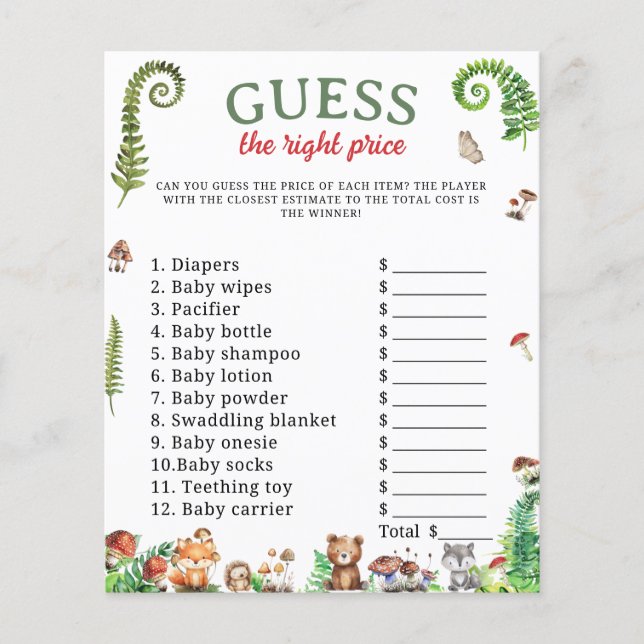 Guess the right price baby shower game (Front)