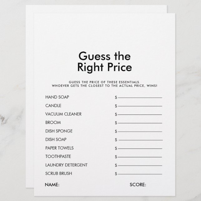 Guess the Right Price Bridal Shower Game (Front/Back)