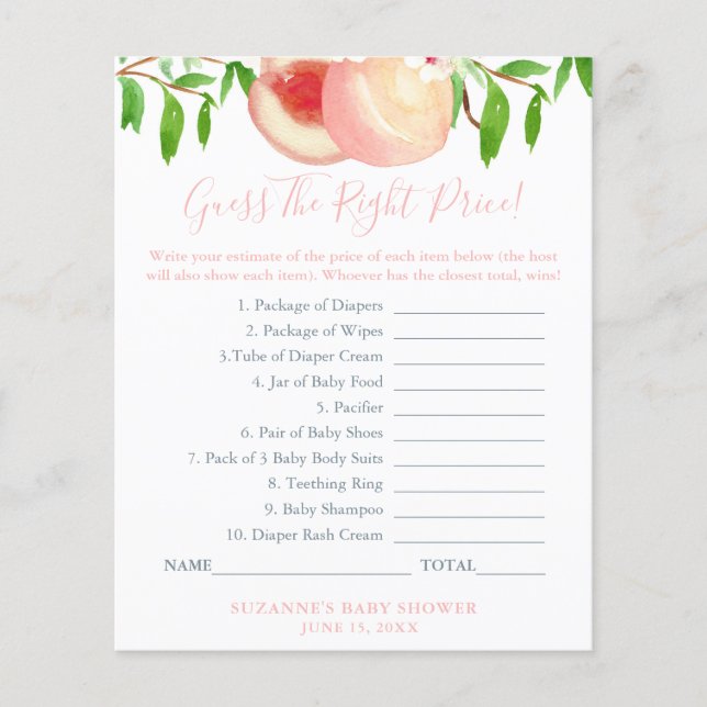 Guess The Right Price Sweet Peach Baby Shower Game Flyer (Front)