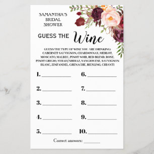 Guess the Wine Bridal Shower Marsala Game Card