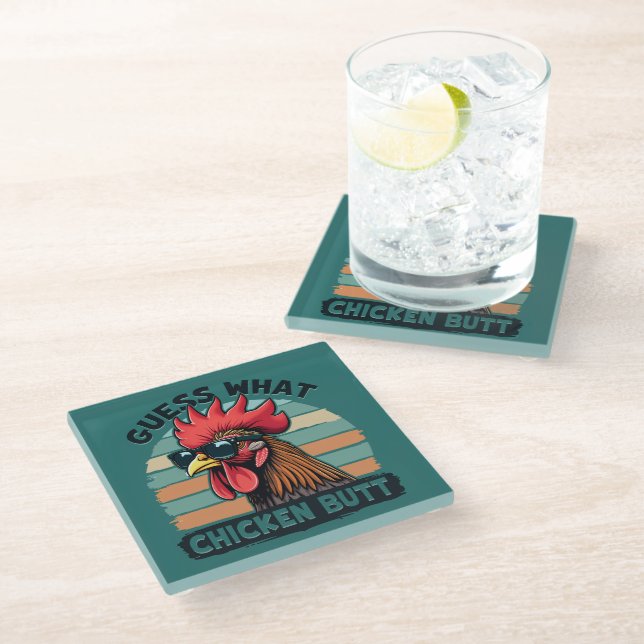 Guess What Chicken Butt Funny Retro Rooster Glass Coaster (Angled)