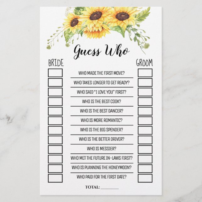 Guess Who Bridal Shower Sunflowers Game Card (Front)