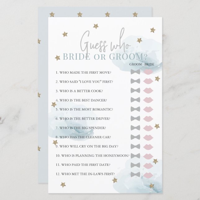 Guess Who Bride or Groom Blue Bridal Shower Game (Front/Back)