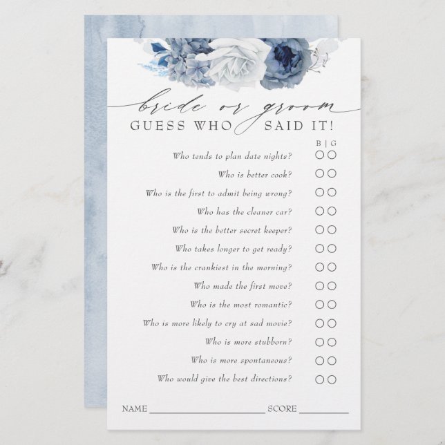 Guess Who Bride or Groom - Dusty Blue Game Card (Front/Back)