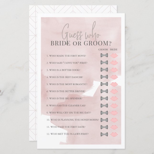 Guess Who Bride or Groom Pink Bridal Shower Game (Front/Back)