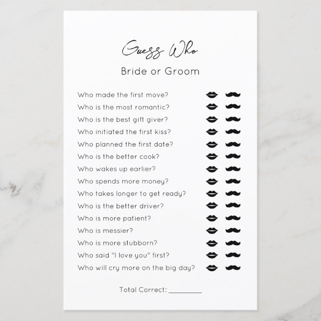 Guess Who-Bride or Groom-Plain Bridal ShowerGame (Front)