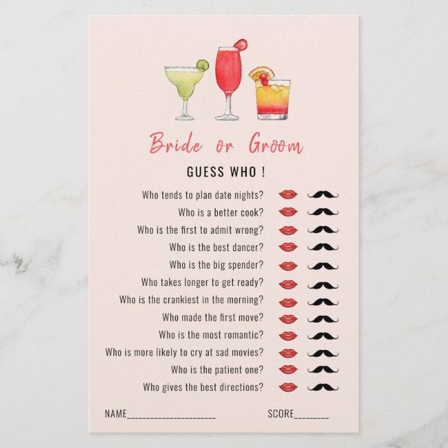 Guess Who Cocktail drinks Shower game  (Front)