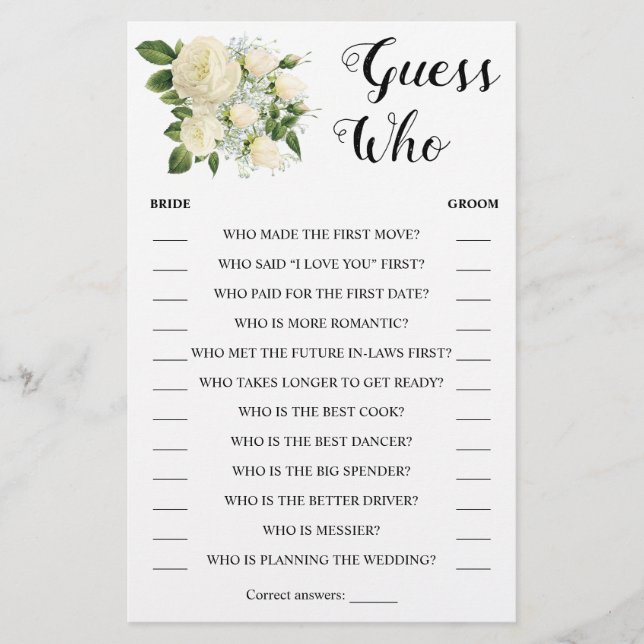 Guess Who | Couples & Bridal Shower Game Card (Front)