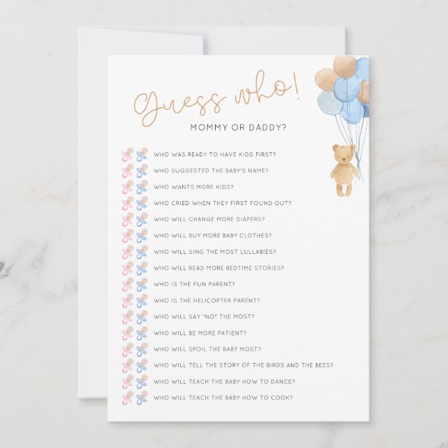 Guess Who Downloadable Baby Shower Game Card (Front)