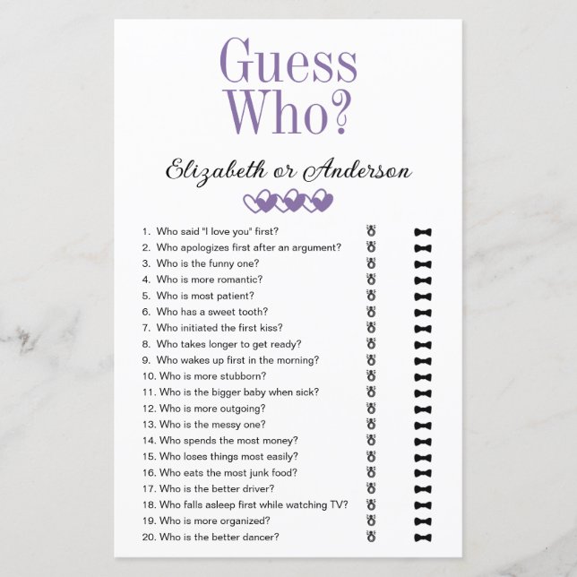 Guess Who Find Someone Who Bridal Shower Games (Front)