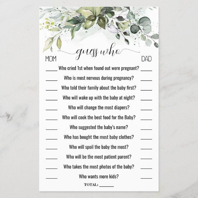 Guess Who Greenery Baby Shower Game Card (Front)