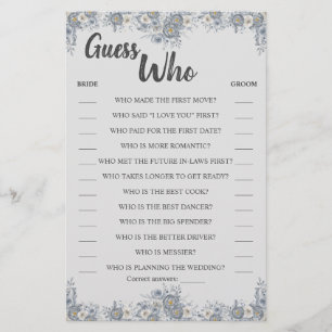 Guess Who Grey Floral Shower Game Card