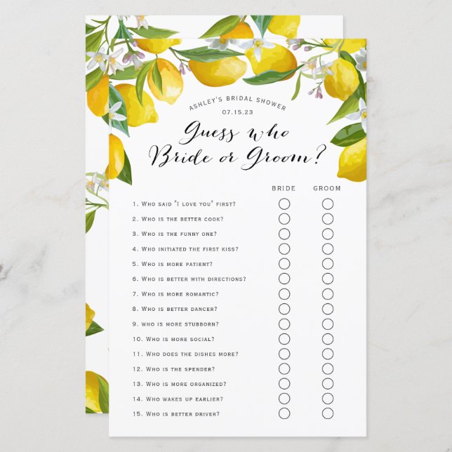 Guess Who, lemon Bridal shower games (Front/Back)