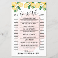 Guess Who Lemons Pink Bridal Shower Game Card