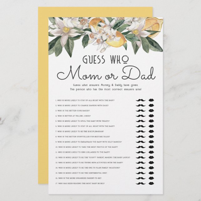 Guess Who Mom Or Dad Lemon Citrus Baby Shower Stationery (Front/Back)