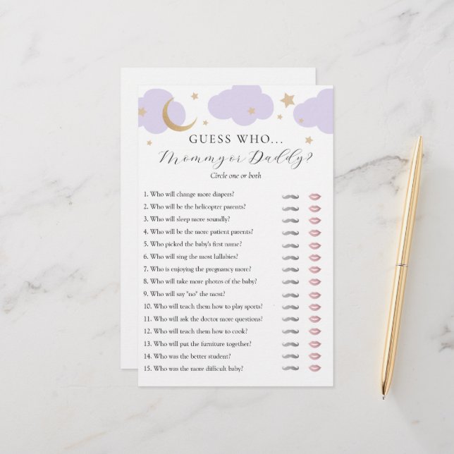 Guess Who Mommy or Daddy Baby Shower game card (Front/Back In Situ)