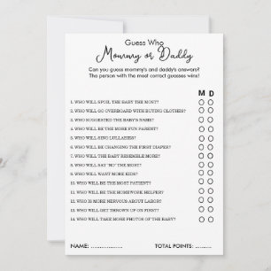 Guess Who Mommy or Daddy Game Baby Shower Card