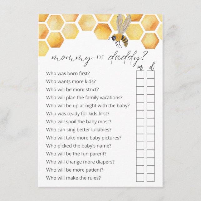 Guess Who Mum or Dad Bee Baby Shower Game Enclosure Card (Front)