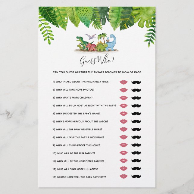 Guess Who Mum or Dad? Dinosaur Baby Shower Game (Front)