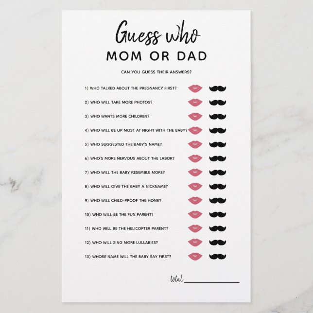 Guess Who Mum or Dad? Minimalist Baby Shower Game (Front)