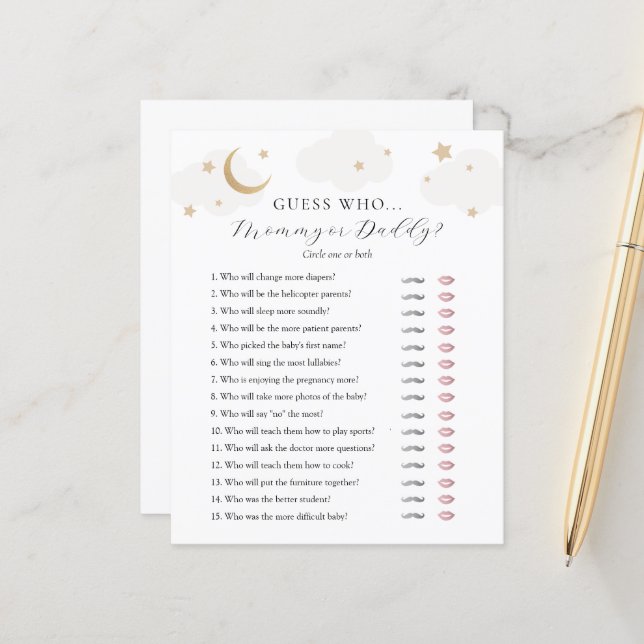 Guess Who Mummy or Daddy Baby Shower game card (Front/Back In Situ)