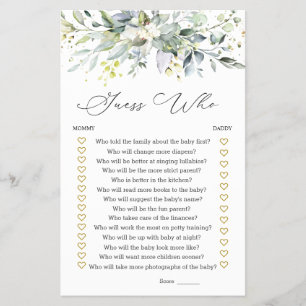 Guess Who Mummy or Daddy Baby Shower Game Greenery Flyer