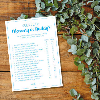 Guess Who Mummy or Daddy Game Boy Baby Shower Blue Advice Card