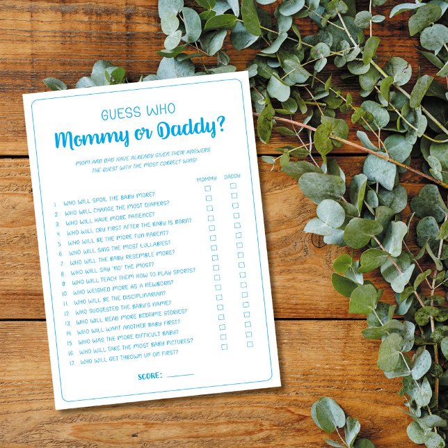 Guess Who Mummy or Daddy Game Boy Baby Shower Blue Advice Card (Creator Uploaded)