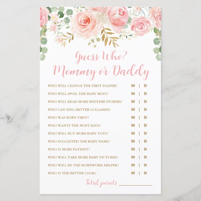 Guess Who? Mummy or Daddy Game Card, Baby Shower (Front)