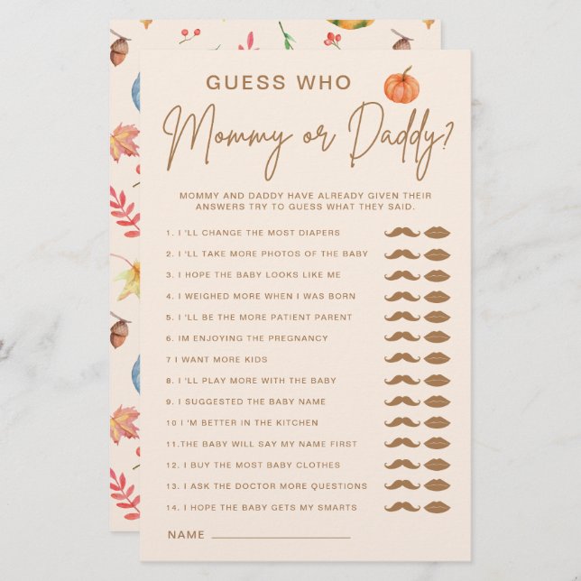 Guess Who Mummy Or Daddy Pumpkin Baby Shower Game (Front/Back)