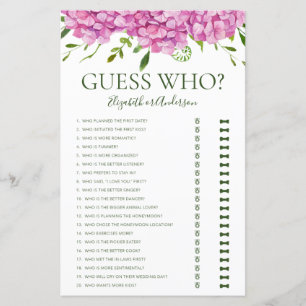 Guess Who Pink Hydrangeas Bridal Shower Game