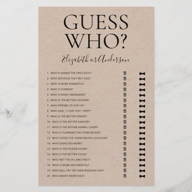 Guess Who Rustic Bridal Shower Game (Front)