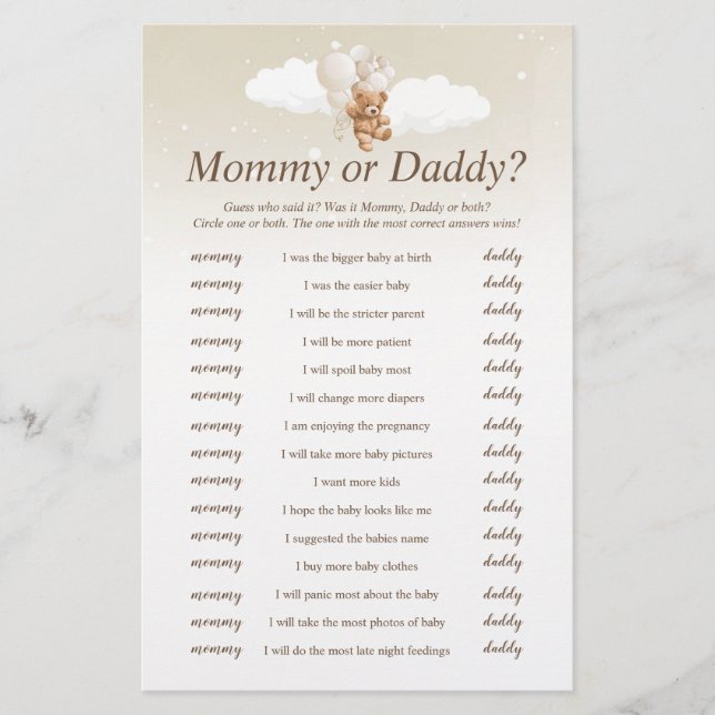 Guess Who Said It Teddy Bear Baby Shower Game Flyer (Front)